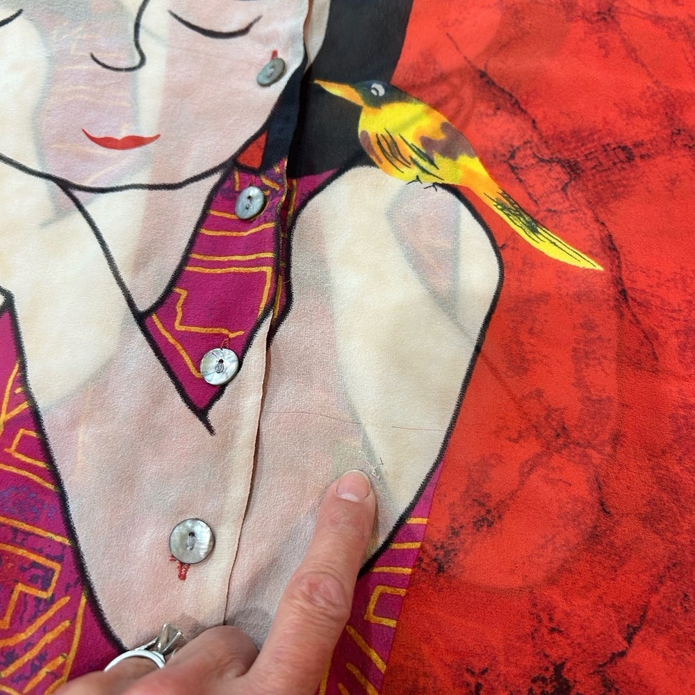 Vintage CHICOS 2 Large 100% Sheer Silk Red Blouse Asian Lady & Bird ART TO WEAR - Picture 10 of 10